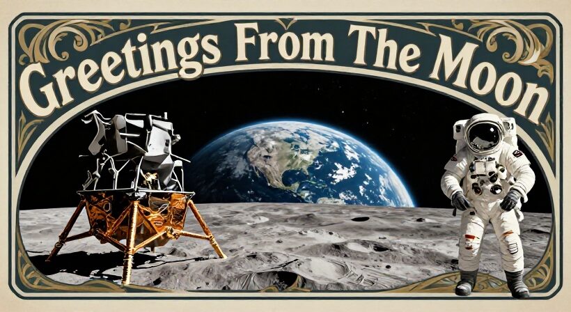 Astronaut standing on the moon with Earth in the background and the words "Greetings from the Moon" in a vintage postcard style.